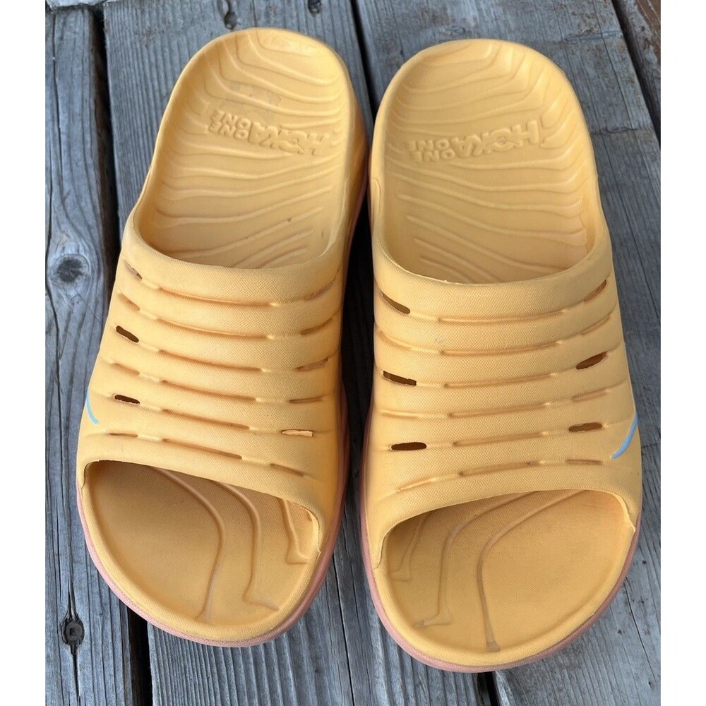 Hoka One One Ora Women's 11 Men's 9 Recovery Slides Amber Yellow/Shell Coral - Picture 5 of 15